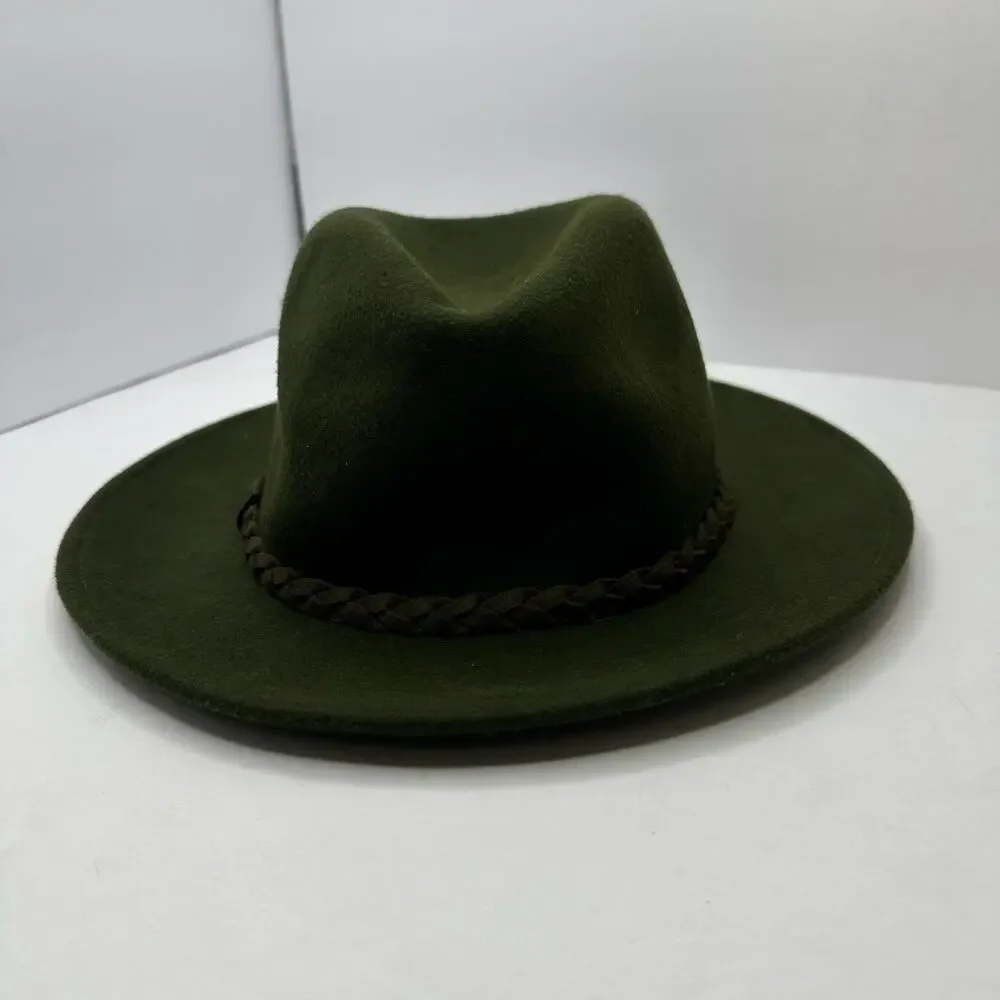 Olive Green Wool Wide Brim Fedora Hat Braided Suede Band One Size